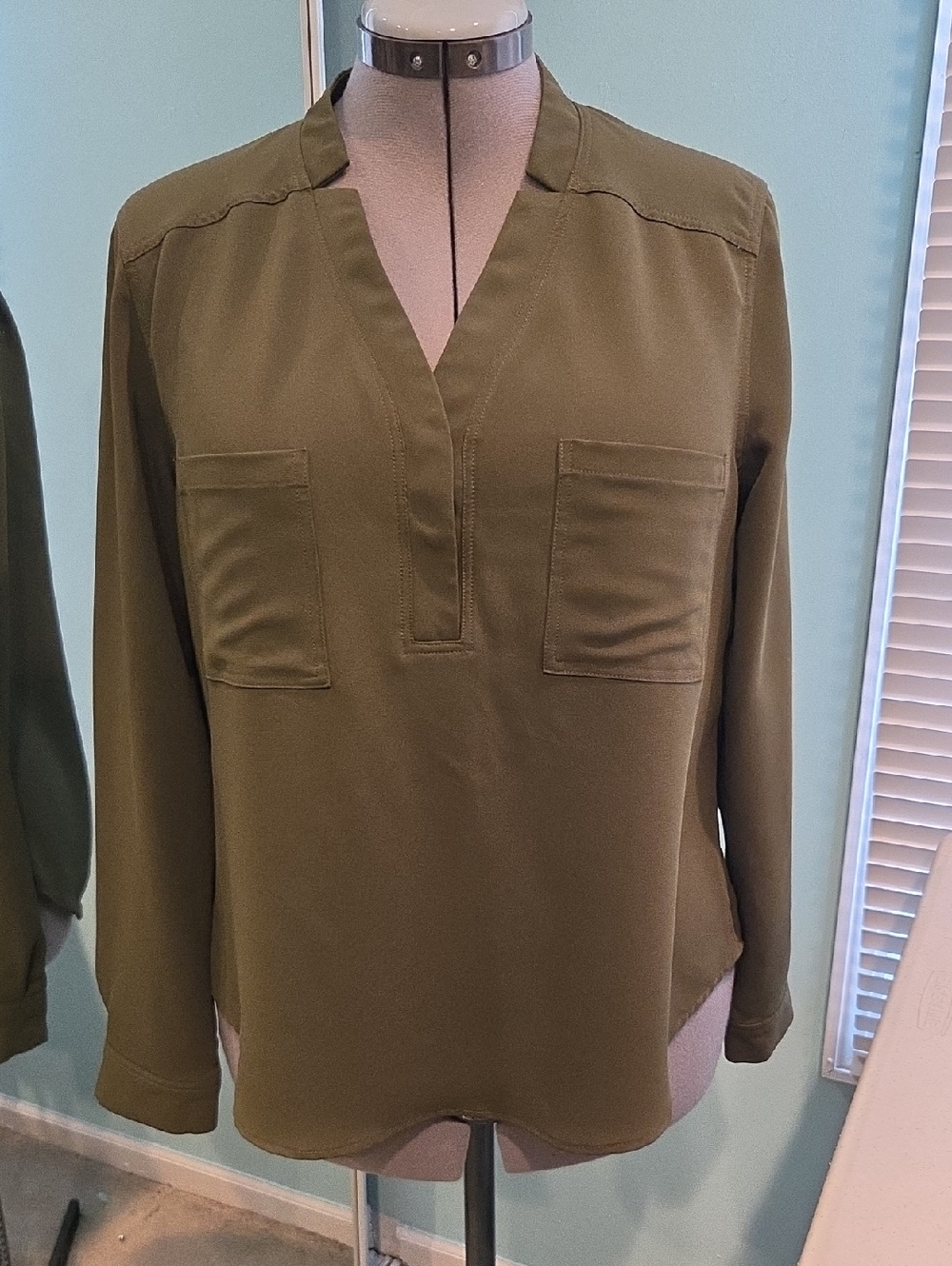 Nine West Olive Green V-Neck Patch Pocket Blouse
